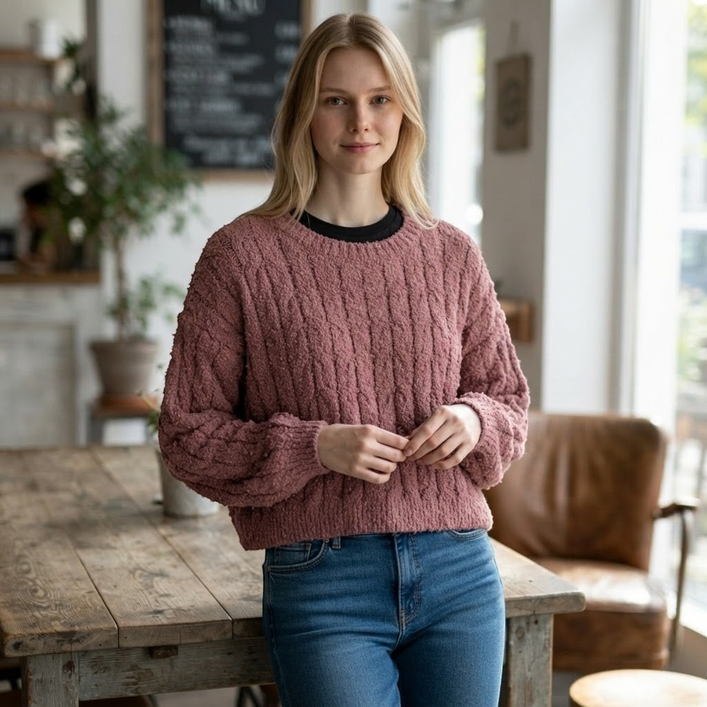 Altar'd State Womens M Pink Popcorn Cable Knit Sweater Boho Crop Relaxed